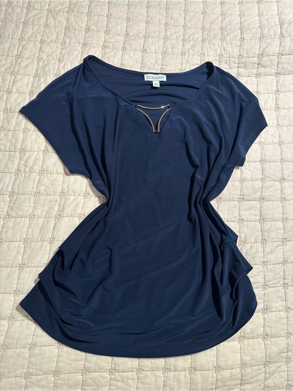 Luxology Navy Short Sleeve Top with Metal Accent Keyhole